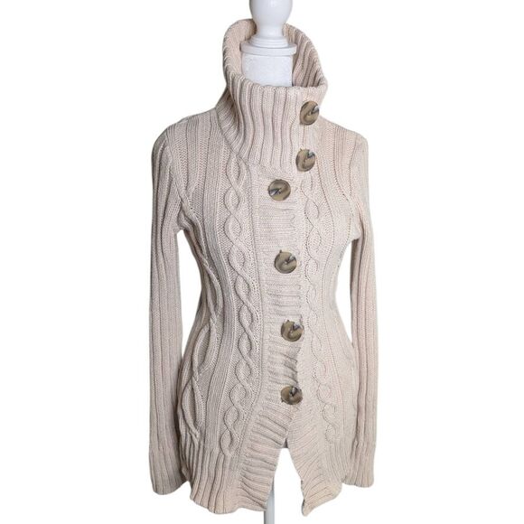Eddie Bauer Vintage Y2K Beige Cream Chunky Big Collar Cable Knit Cardigan XS - Picture 3 of 5